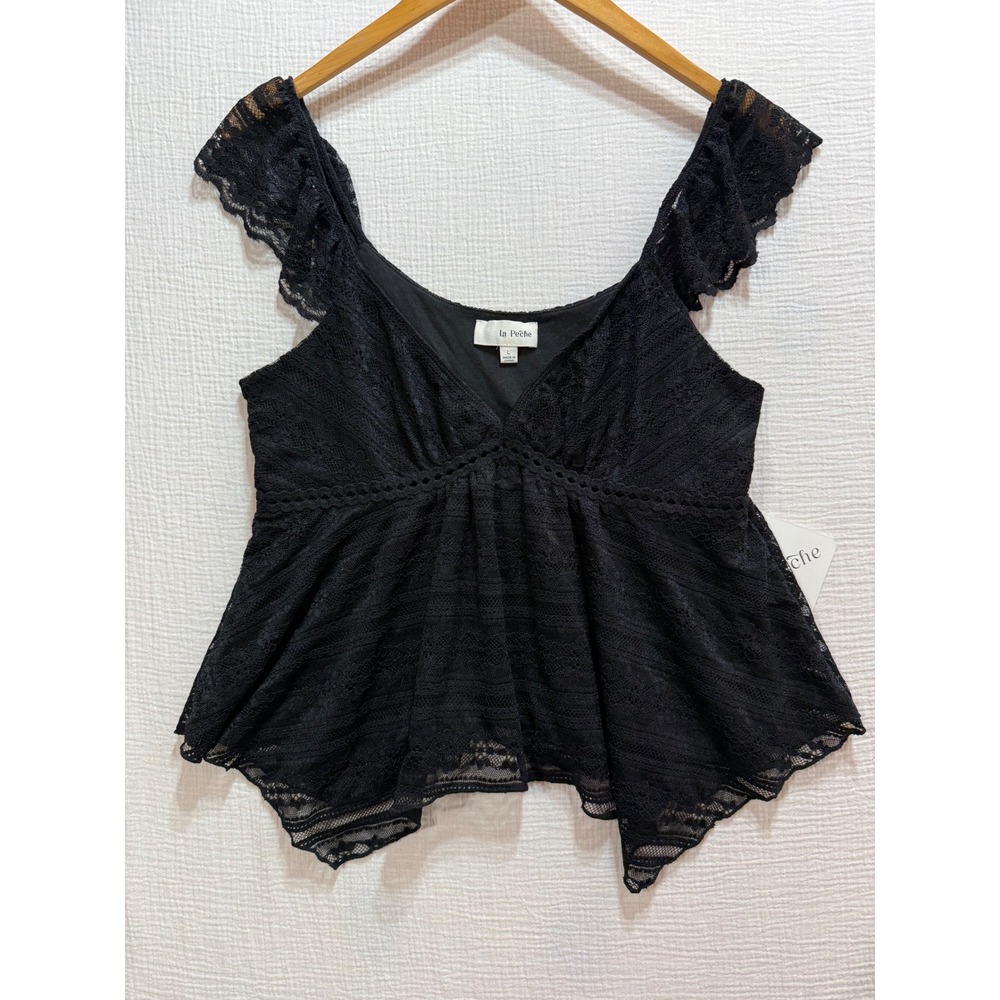 La Peche Lace Babydoll Peplum Top Womens L Black V-Neck Flutter Sleeve Fairycore